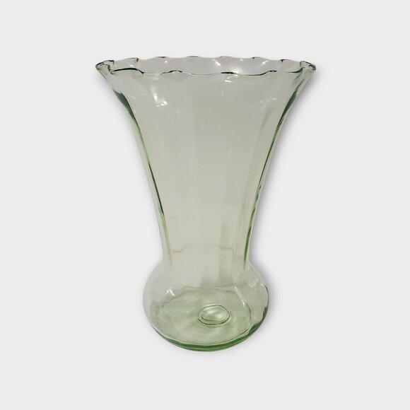 Vintage Art Deco Uranium Vaseline Green Depression Glass Vase Scalloped Rim 10" - Picture 5 of 8